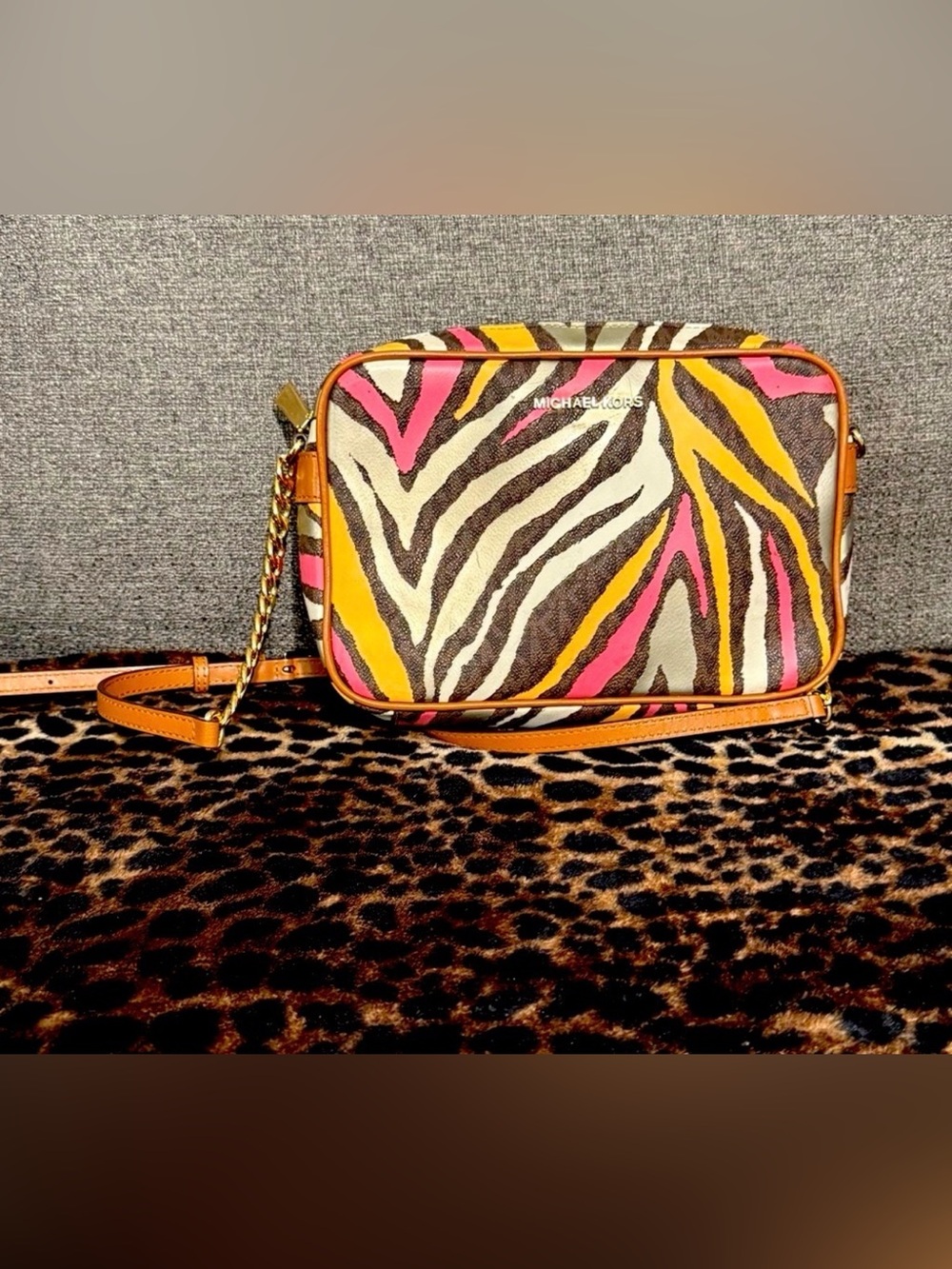 Michael Kors Zebra-Print Crossbody with Pink and Yellow Accents